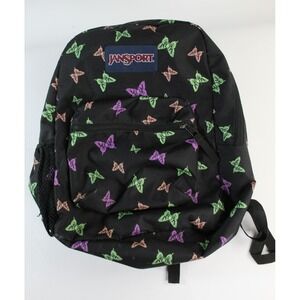 Y2K JanSport Backpack Black Butterflies Pattern Book Bag School Travel Vintage